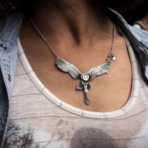 Blodeuwedd, The Owl In Your Life. Hand made and upcycled silver coin transformed into bespoke silver owl necklace