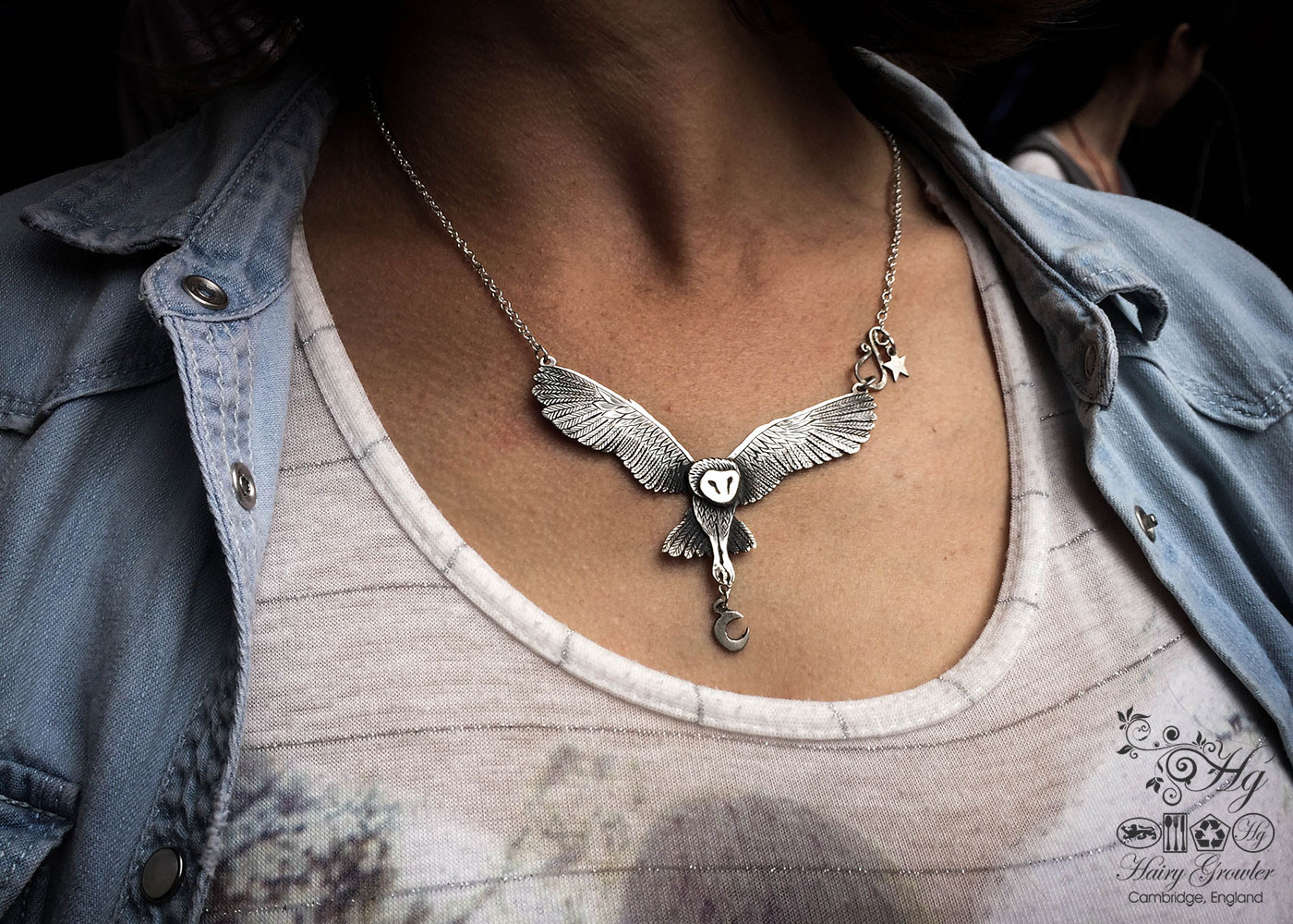 Blodeuwedd, The Owl In Your Life. Hand made and upcycled silver coin transformed into bespoke silver owl necklace