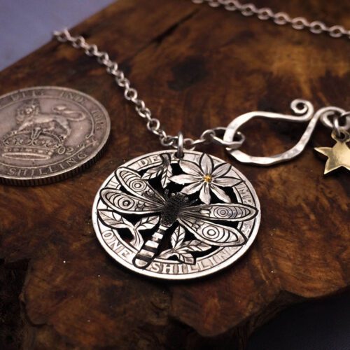 Handcrafted and recycled silver shilling The Silver Shilling collection. silver Dragonfly necklace totally handcrafted and recycled from old sterling silver shilling coins. Designed and created by Hairy Growler Jewellery, Cambridge, UK. necklace