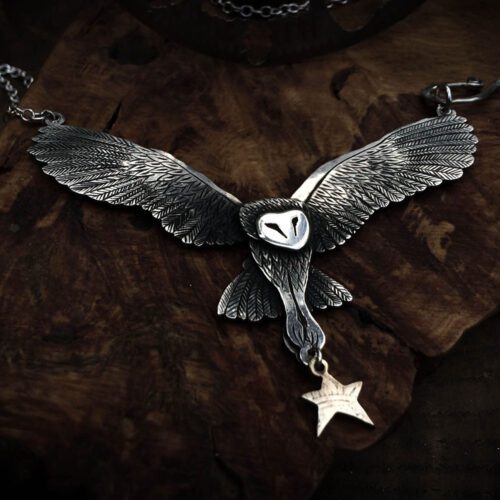 Blodeuwedd, The Owl In Your Life. Hand made and upcycled silver coin transformed into unique silver owl necklace