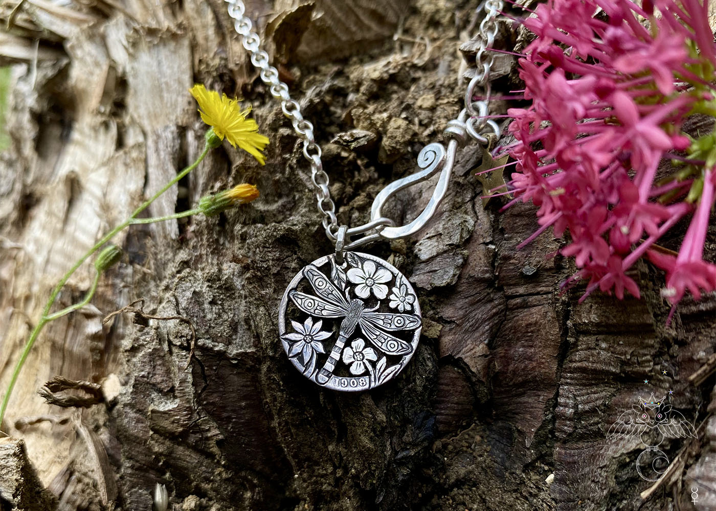 Dragonfly necklace Handmade and repurposed silver shilling The Silver sixpence collection. silver Dragonfly necklace totally handcrafted and recycled from old sterling silver sixpence coins. Designed and created by Hairy Growler Jewellery, Cambridge, UK. necklace