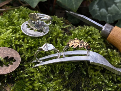 Oak leaf and acorn rings made from entirely recycled ethical raw materials