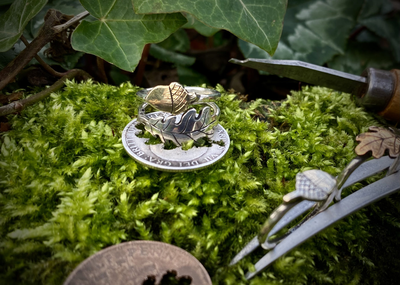Oak leaf and acorn rings made from entirely recycled ethical raw materials