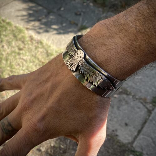 solid silver owl bangle bracelet kuff handmade in England using recycled, upcycled, repurposed silver and green ethical techniques