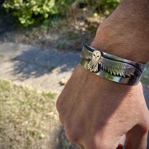 solid silver owl bangle bracelet kuff handmade in England using recycled, upcycled, repurposed silver and green ethical techniques
