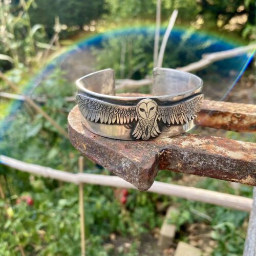 solid silver owl bangle bracelet kuff handmade in England using recycled, upcycled, repurposed silver and green ethical techniques