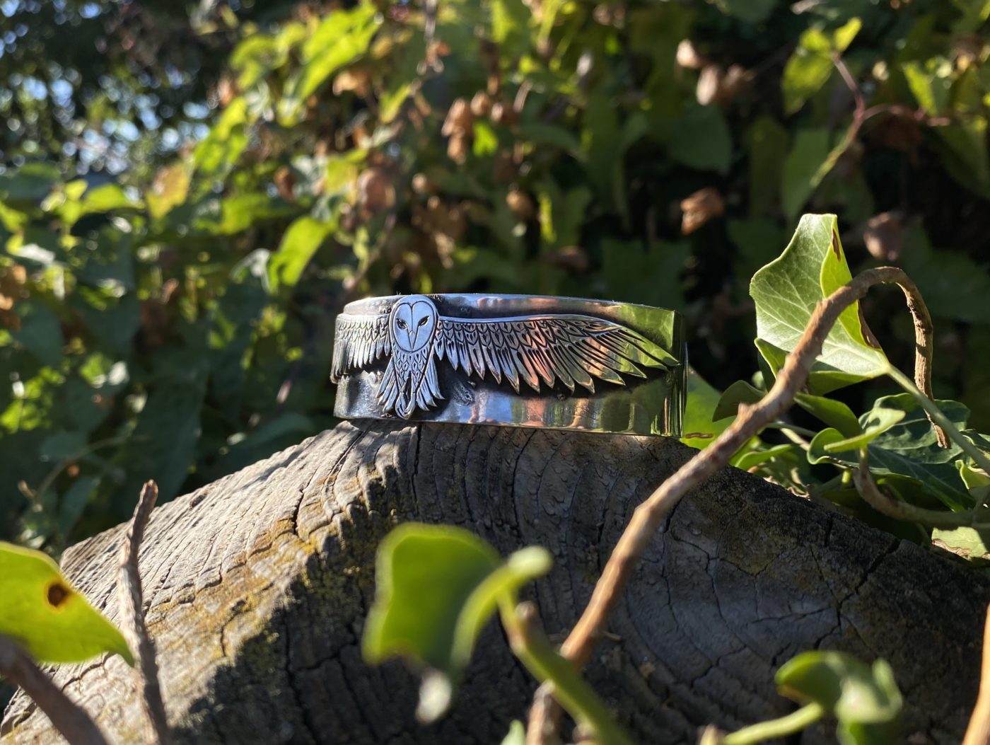 solid silver owl bangle bracelet kuff handmade in England using recycled, upcycled, repurposed silver and green ethical techniques