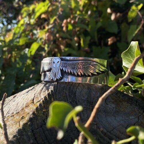 solid silver owl bangle bracelet kuff handmade in England using recycled, upcycled, repurposed silver and green ethical techniques