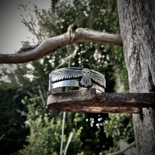solid silver owl bangle bracelet kuff handmade in England using recycled, upcycled, repurposed silver and green ethical techniques
