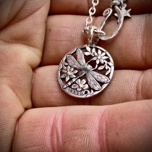 Dragonfly necklace Handmade and repurposed silver shilling The Silver sixpence collection. silver Dragonfly necklace totally handcrafted and recycled from old sterling silver sixpence coins. Designed and created by Hairy Growler Jewellery, Cambridge, UK. necklace