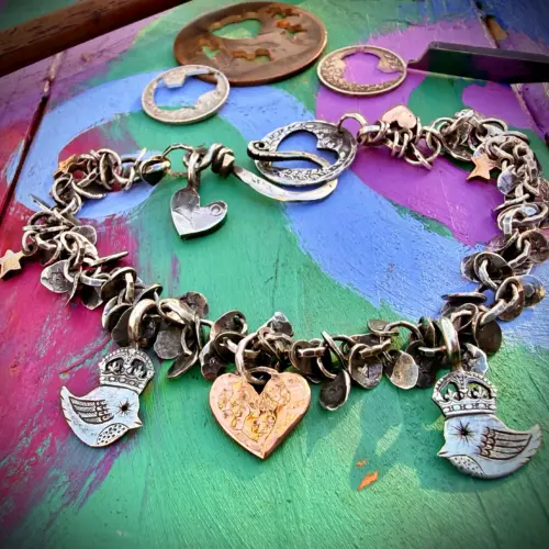 handcrafted teeny weeny Kingsy Queeny bird bracelet recycled silver threepence coins