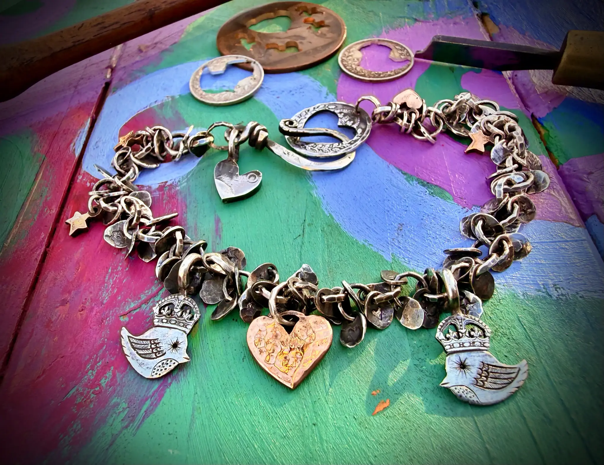 handcrafted teeny weeny Kingsy Queeny bird bracelet recycled silver threepence coins