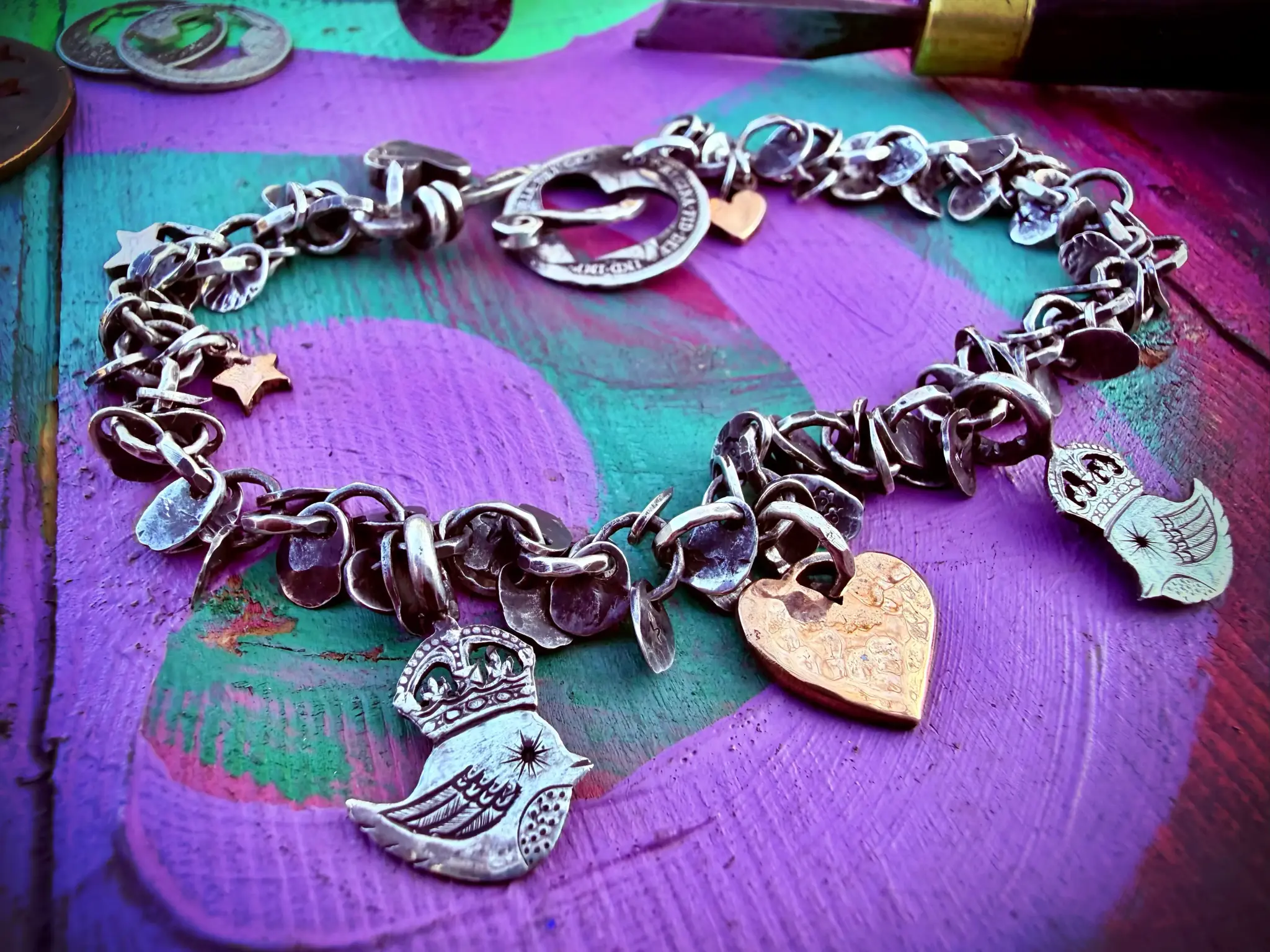 handcrafted teeny weeny Kingsy Queeny bird bracelet recycled silver threepence coins