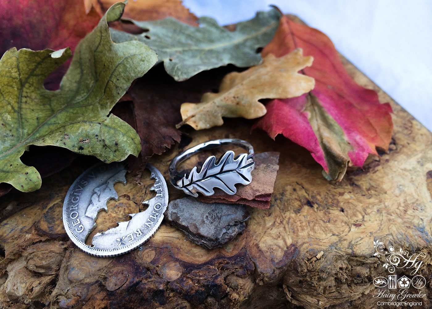 Oak leaf and acorn ring made from Repurposed coins