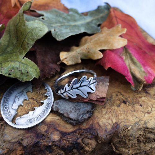 Oak leaf and acorn ring made from Repurposed coins