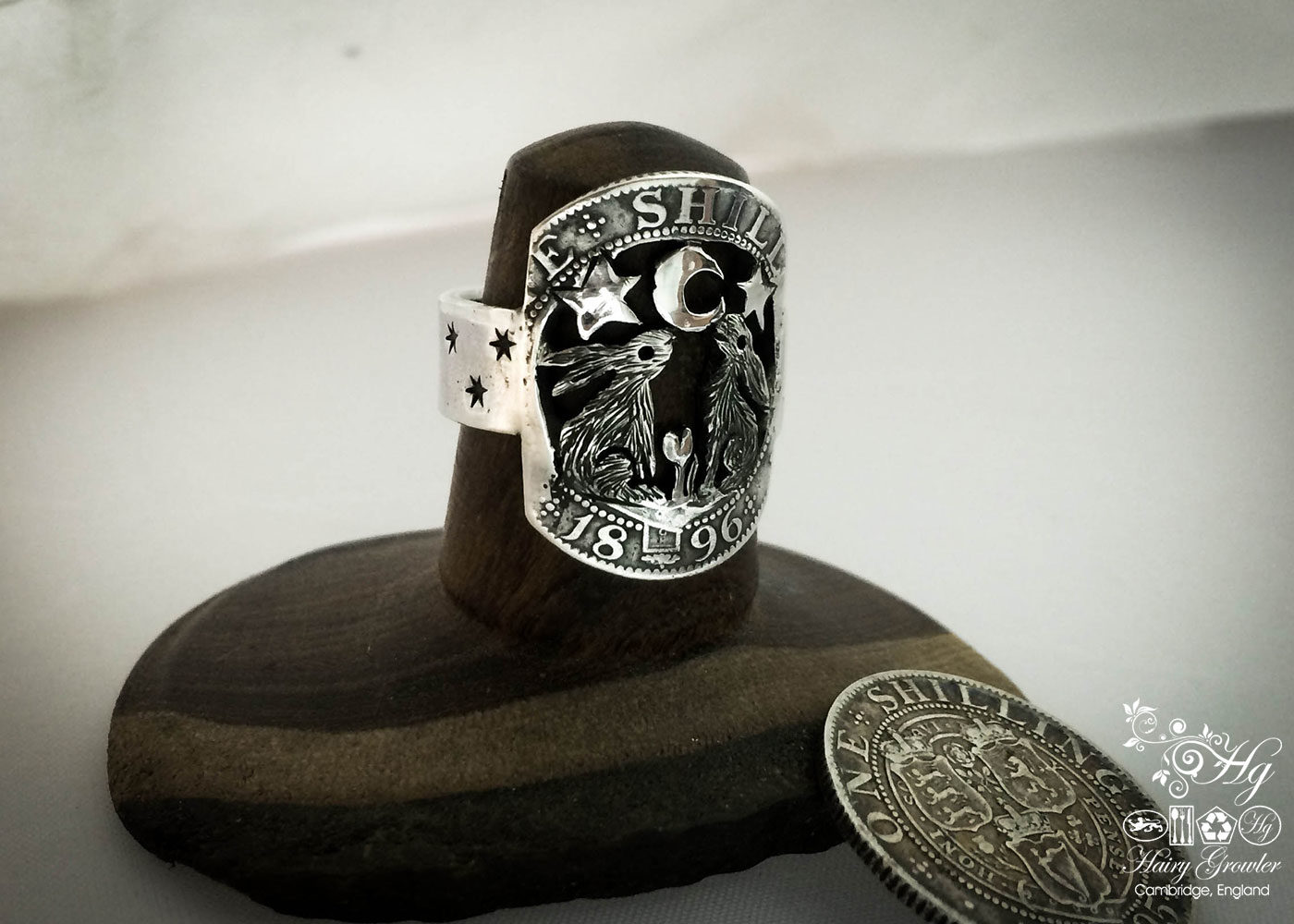 Beautiful nature inspired silver recycled jewellery moon gazing together hare ring made from silver coins
