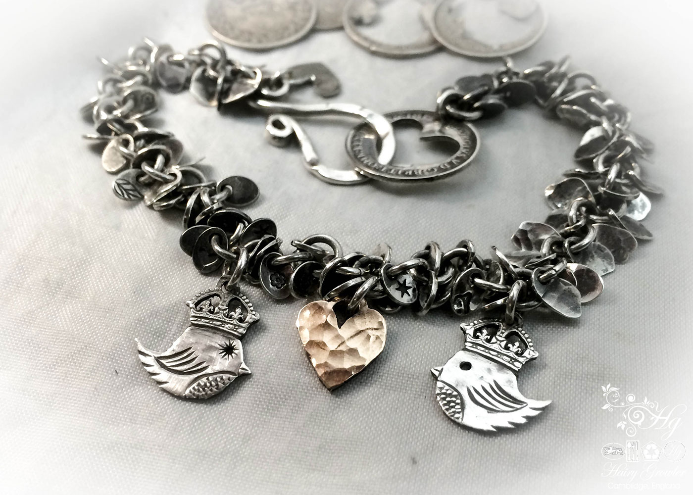 handcrafted teeny weeny Kingsy Queeny bird bracelet recycled silver threepence coins