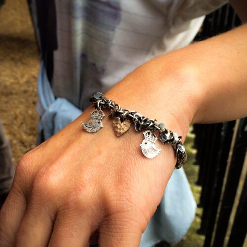 handcrafted teeny weeny Kingsy Queeny bird bracelet upcycled silver threepence coins