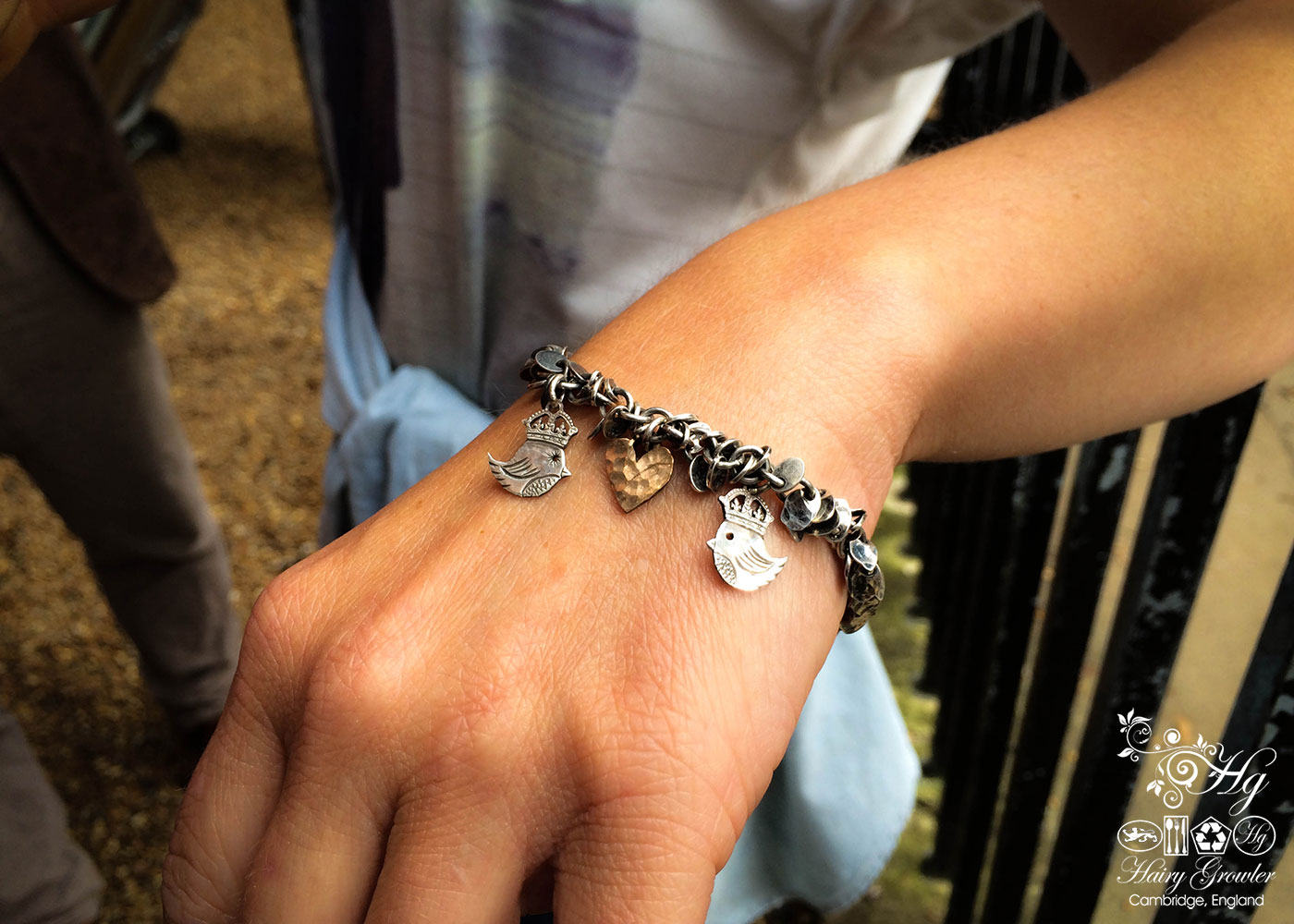handcrafted teeny weeny Kingsy Queeny bird bracelet upcycled silver threepence coins