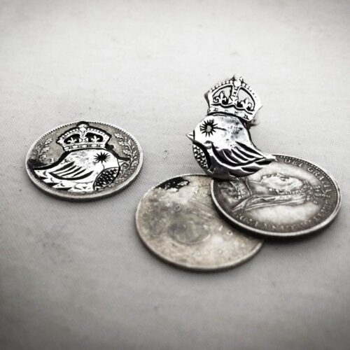 Teeny weeny Kingsy Queeny bird bracelet recycled silver threepence coins
