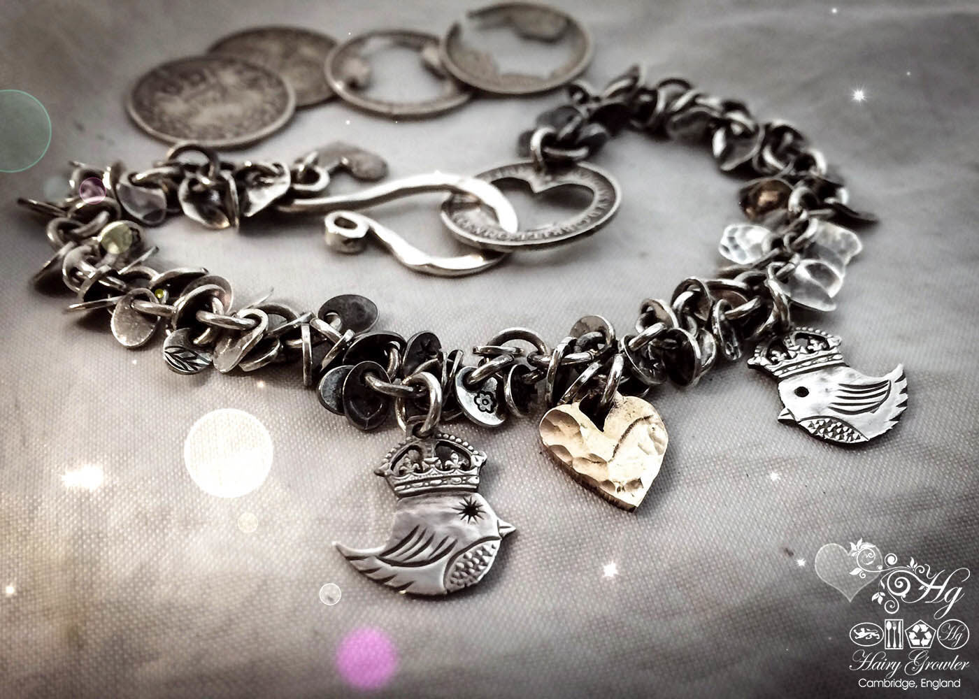 handmade teeny weeny Kingsy Queeny bird bracelet upcycled silver threepence coins