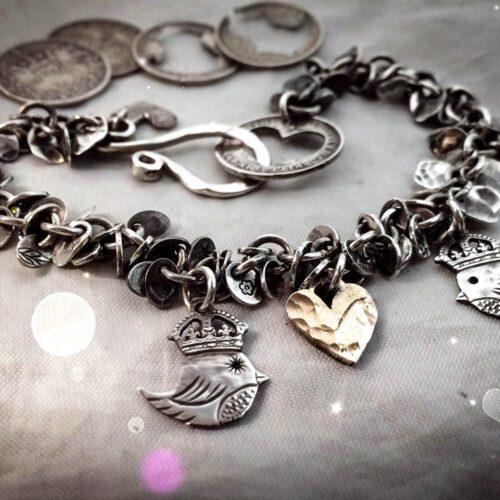 handmade teeny weeny Kingsy Queeny bird bracelet upcycled silver threepence coins