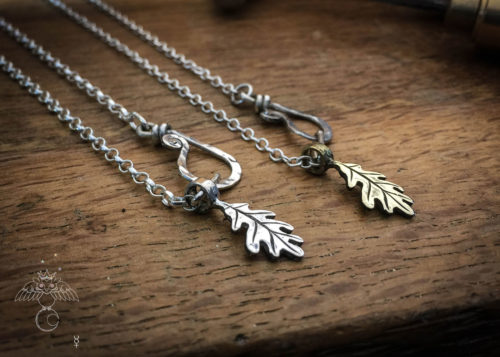 oak leaf jewellery handcrafted and recycled from silver and bronze coins using traditional tools and techniques