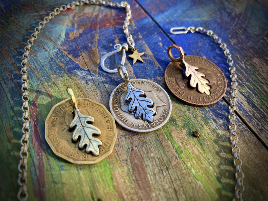 handmade and recycled silver coin oak leaf charm for a tree sculpture, necklace or bracelet
