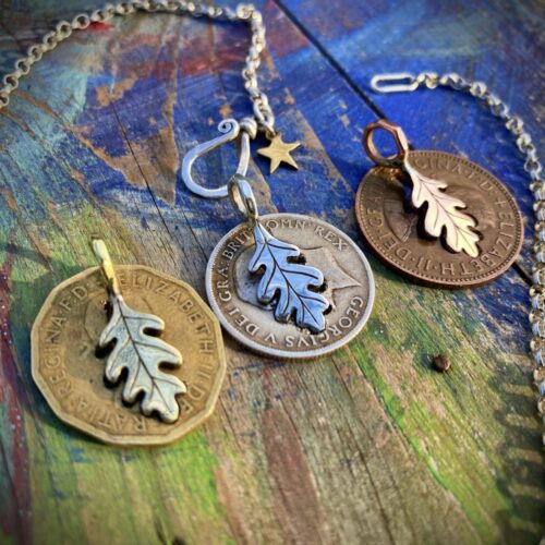 handmade and recycled silver coin oak leaf charm for a tree sculpture, necklace or bracelet