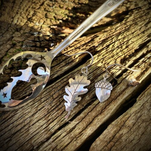handmade and upcycled teaspoon oak leaf and acorn earrings