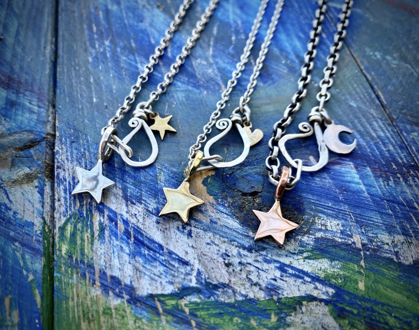 handcrafted and recycled silver star and moon charm for a tree sculpture, necklace or bracelet