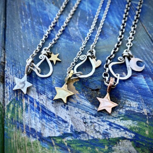handcrafted and recycled silver star and moon charm for a tree sculpture, necklace or bracelet