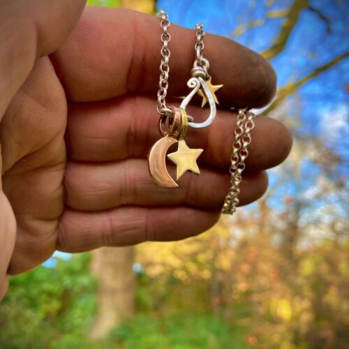handcrafted and recycled silver star and moon charm for a tree sculpture, necklace or bracelet