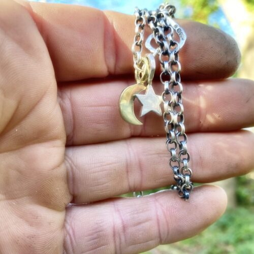 handcrafted and recycled silver star and moon charm for a tree sculpture, necklace or bracelet