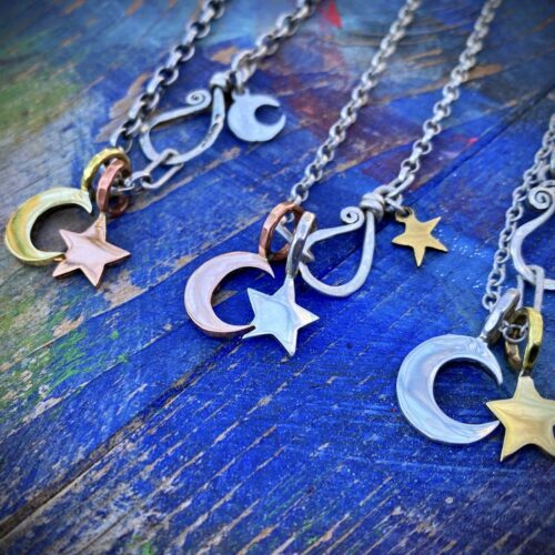 handcrafted and recycled silver star and moon charm for a tree sculpture, necklace or bracelet