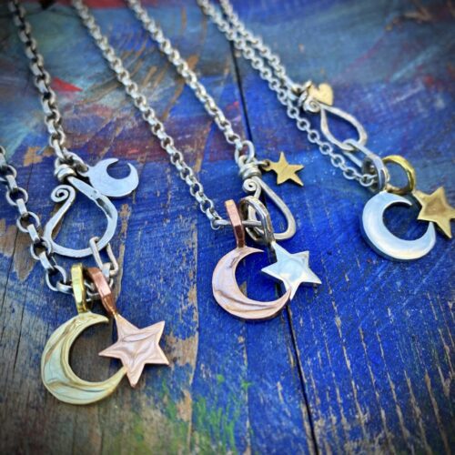 handcrafted and recycled silver star and moon charm for a tree sculpture, necklace or bracelet