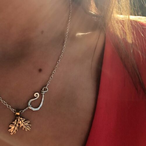 handcrafted and recycled silver and bronze oak leaves, leaf jewellery