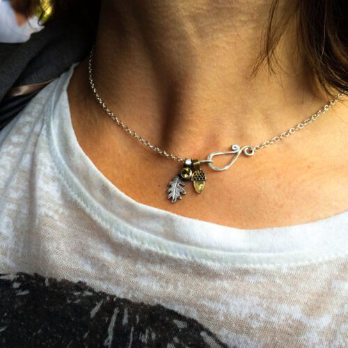 handcrafted recycled silver coin silver oak leaf and acorn charm for a tree sculpture, necklace or bracelet