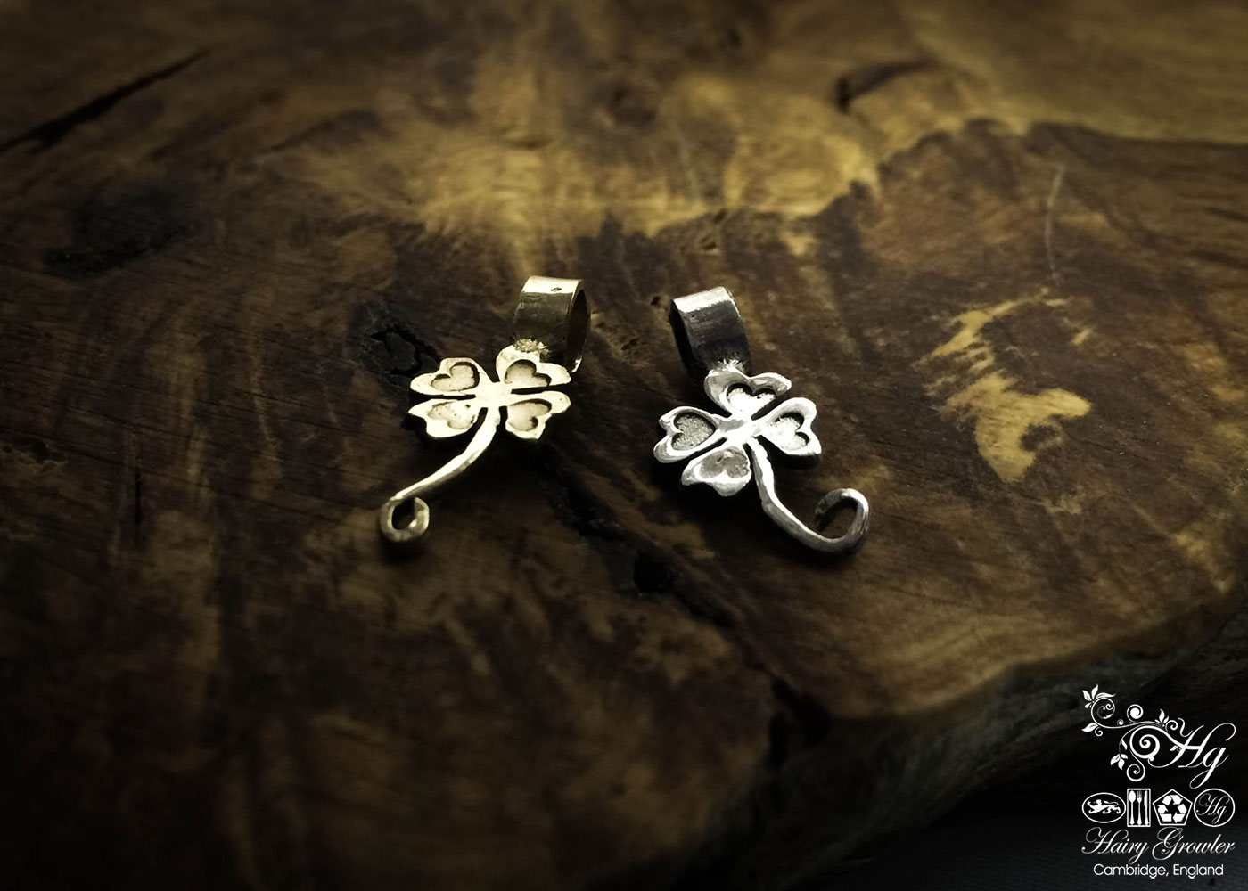 handcrafted and recycled silver lucky four leaf clover charms for a tree sculpture, necklace or bracelet