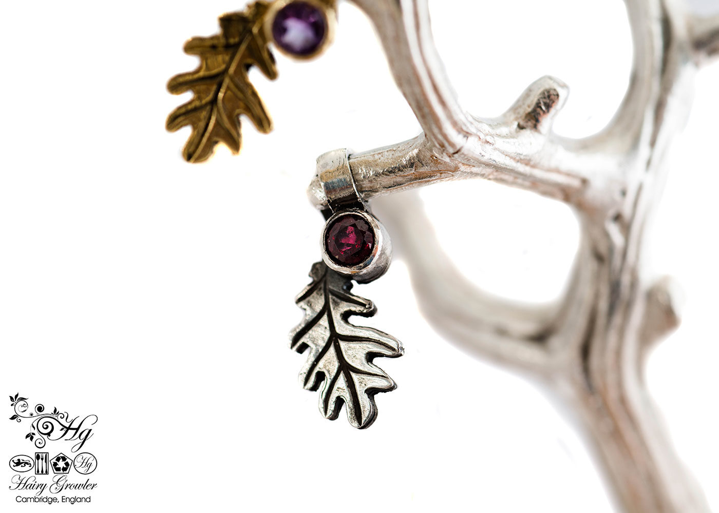 handcrafted silver and garnet oak leaf charm for a tree sculpture, necklace or bracelet