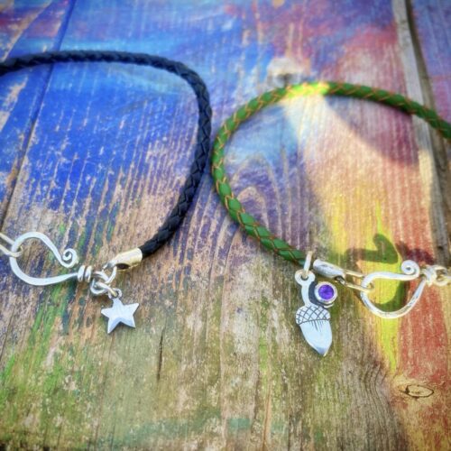 Silver and leather charm bracelet handcrafted and recycled for the tree of life sculpture collection