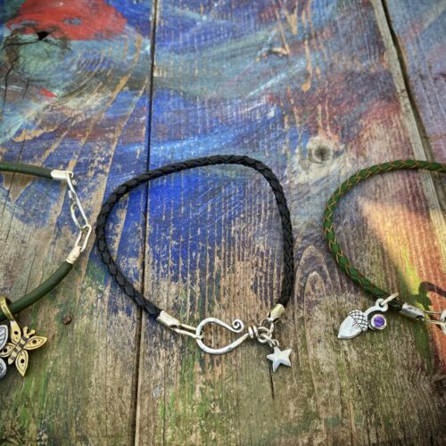 Silver and leather charm bracelet handcrafted and recycled for the tree of life sculpture collection