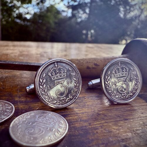 Silver threepencecoin sustainable silver and stainless steel cufflinks unique and original