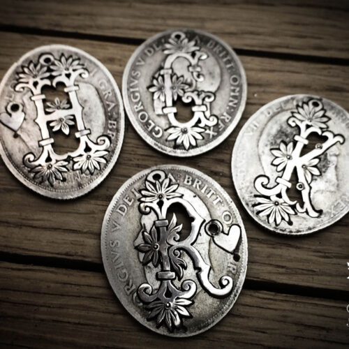 Hand crafted and repurposed silver shilling personal flower initial coin necklace pendant