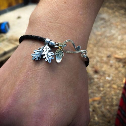 Silver and leather charm bracelet handcrafted and recycled for the tree of life sculpture collection