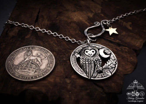 Coin owl handmade and recycled silver shilling The Silver Shilling collection. silver owl necklace totally handcrafted and recycled from old sterling silver shilling coins. Designed and created by Hairy Growler Jewellery, Cambridge, UK. necklace