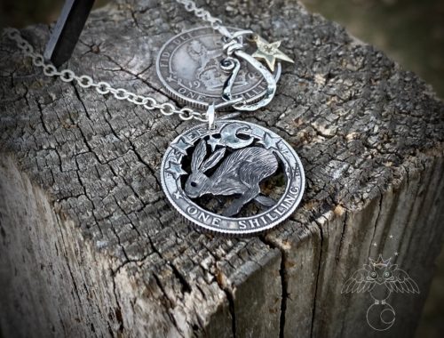 Handmade and recycled silver shilling The Silver Shilling collection. silver running wild hare necklace totally handcrafted and recycled from old sterling silver shilling coins. Designed and created by Hairy Growler Jewellery, Cambridge, UK. necklace