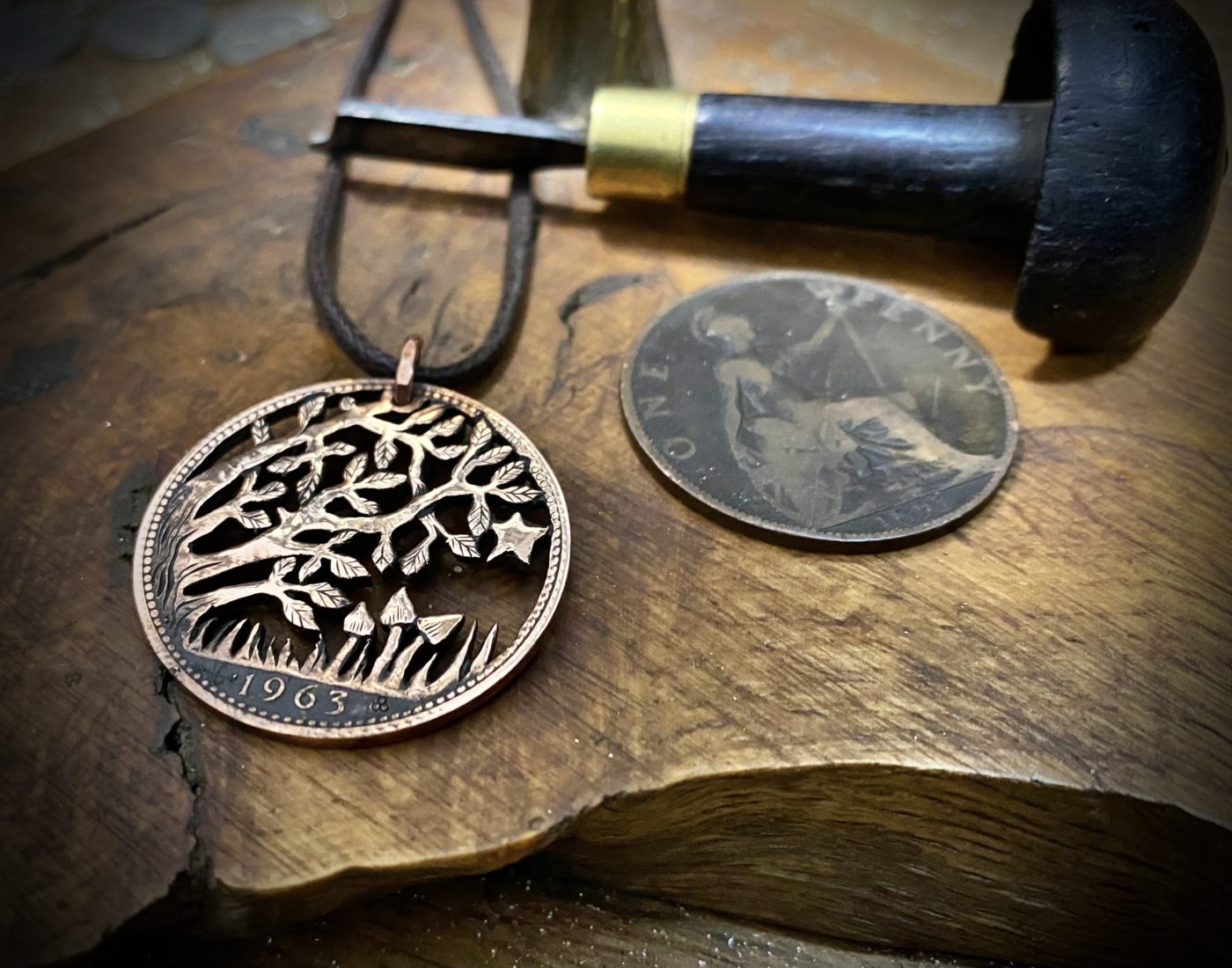 Handcrafted and repurposed autumn tree coin pendant necklace