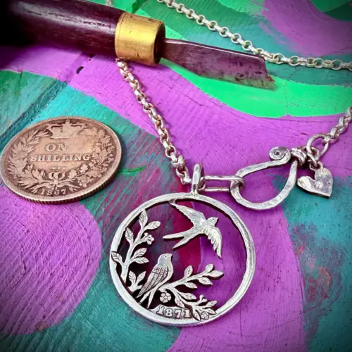 still with me memorial jewellery handmade and upcucled from a sterling silver shilling. made in Cambridge, England