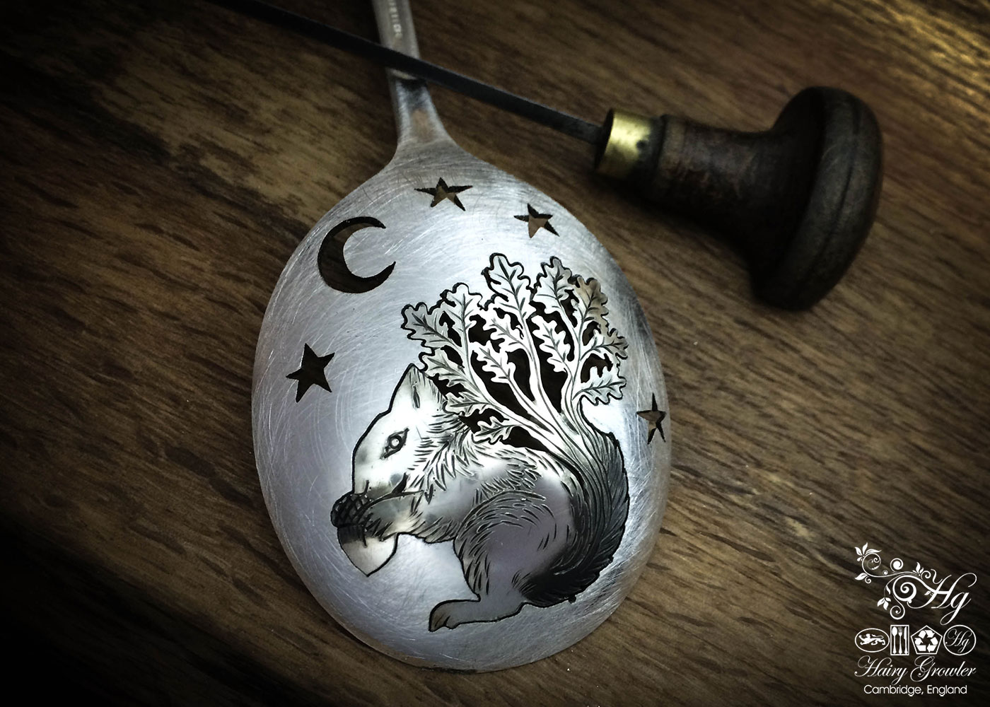 handcrafted and recycled spoon squirrel and oak tree brooch